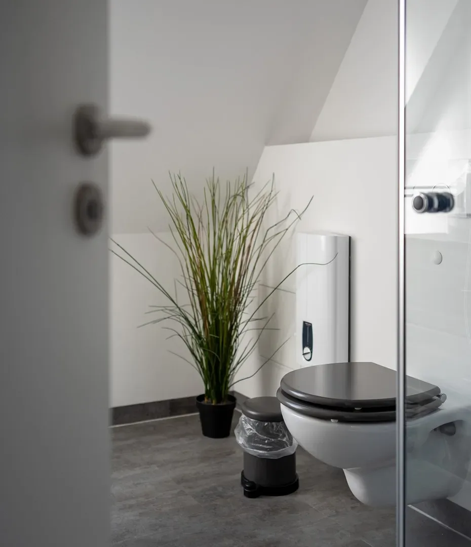 Badezimmer mit Wand-WC, schwarzem Toilettensitz, kleinem Mülleimer und Topfpflanze vor weißer Wand