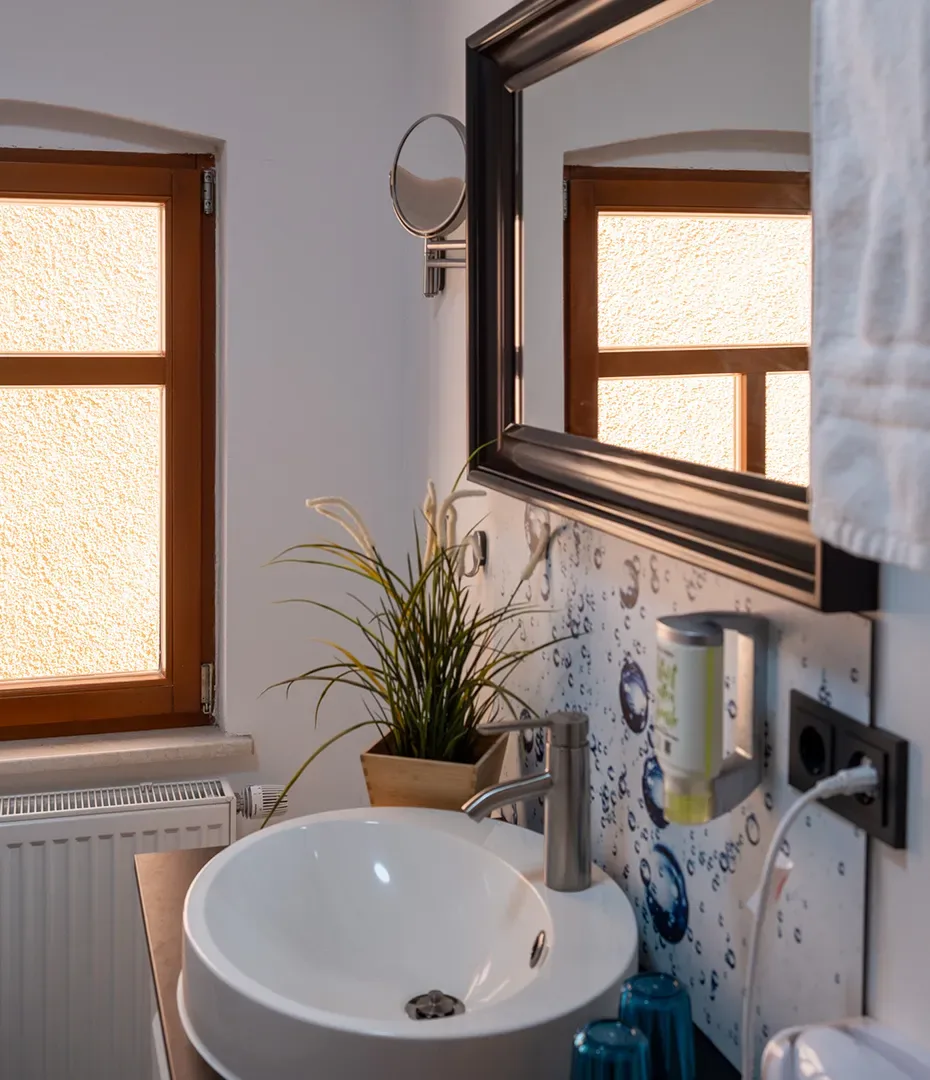 Badezimmer mit rundem Waschbecken, großem Spiegel, Fenster, Pflanzen und Handtuch an der Wand