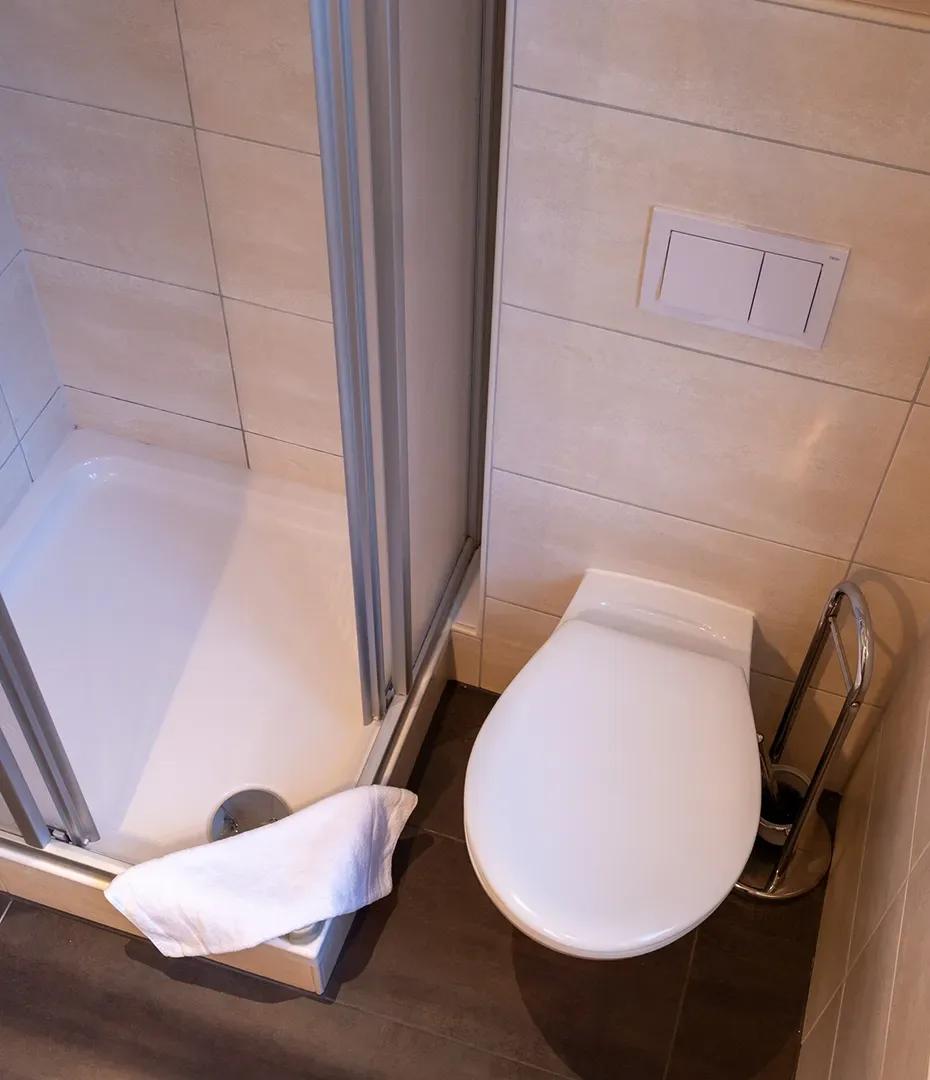 Badezimmer mit Duschkabine, WC und Toilettenbürste in einer Ecke