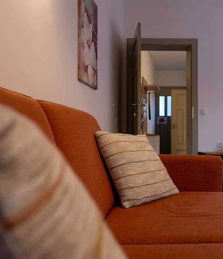 Oranges Sofa mit zwei gestreiften Kissen vor einer weißen Wand mit einem Blumenbild und offenem Türrahmen im Hintergrund