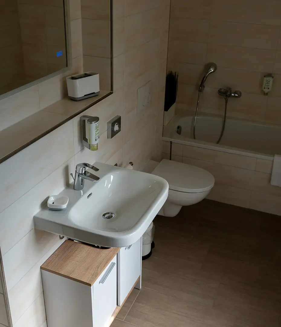 Badezimmer mit Waschbecken, Spiegel, WC und Badewanne mit Handbrause