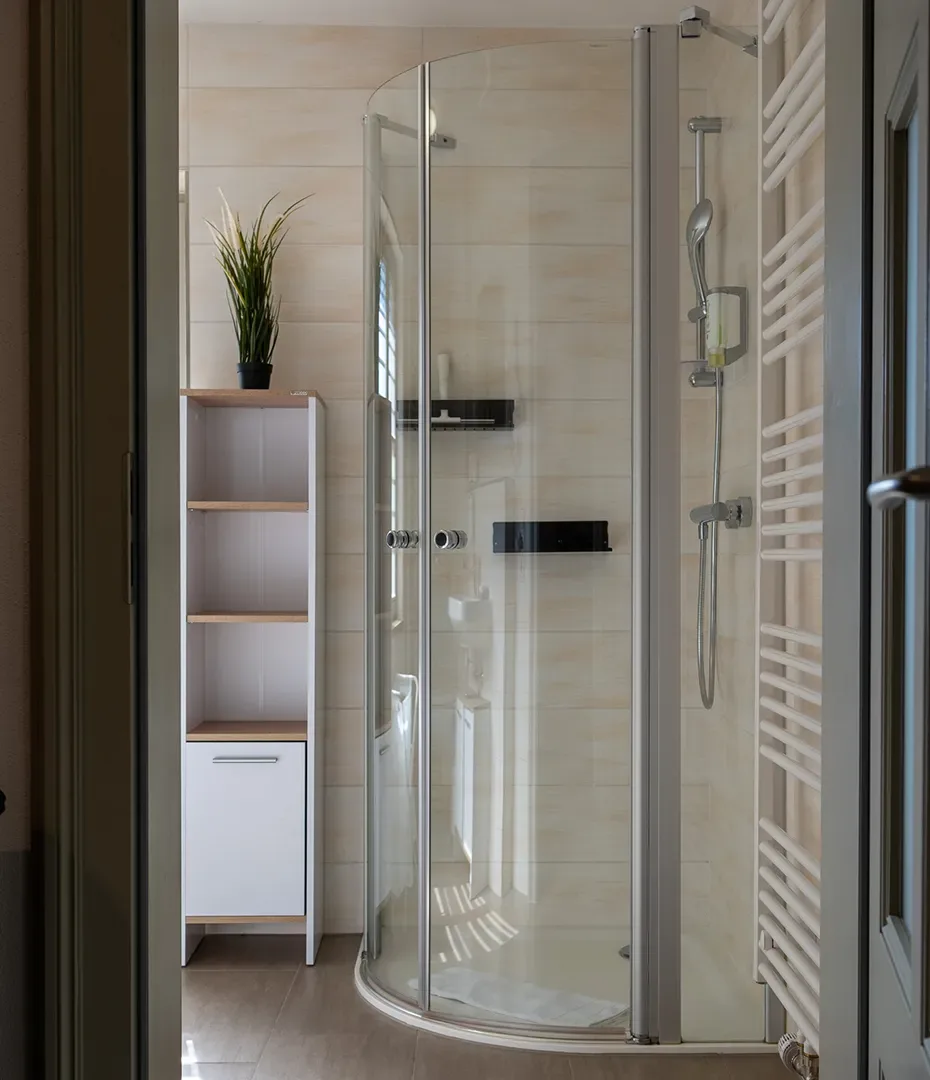 Badezimmer mit runder Glasdusche, weißem Regal mit Pflanze und Handtuchheizkörper