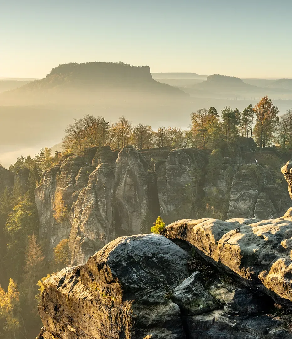 Felsformationen mit Bäumen auf dem Plateau und neblige Berglandschaft im Hintergrund